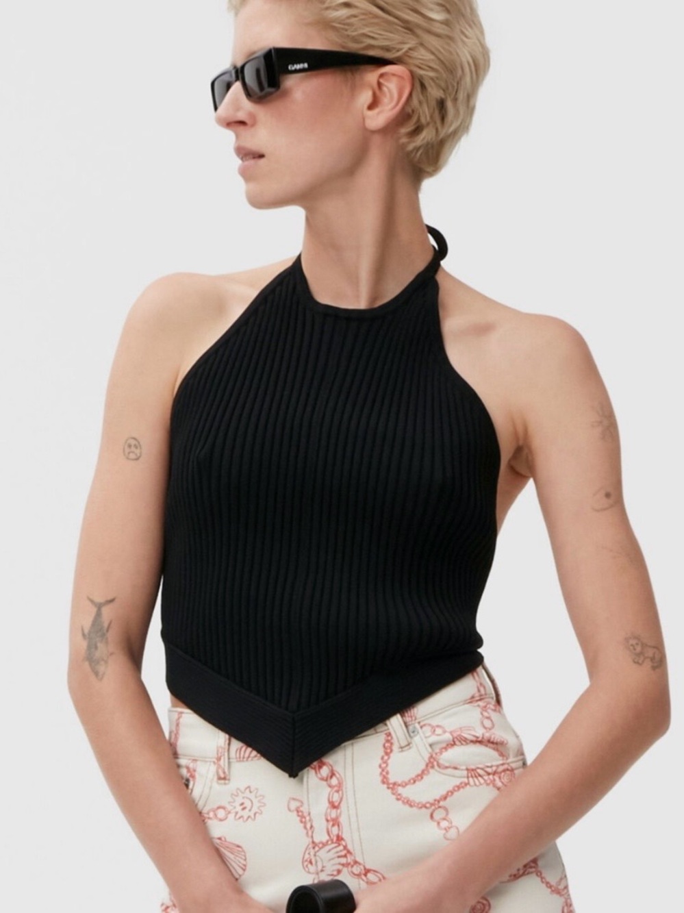 Ganni | Black Ribbed Knit Halter Crop Top, Size L - NWOT